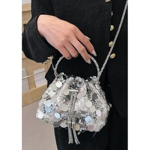 Sequin Bucket Bag Women Small Silver Rhinestone Handle NWT
